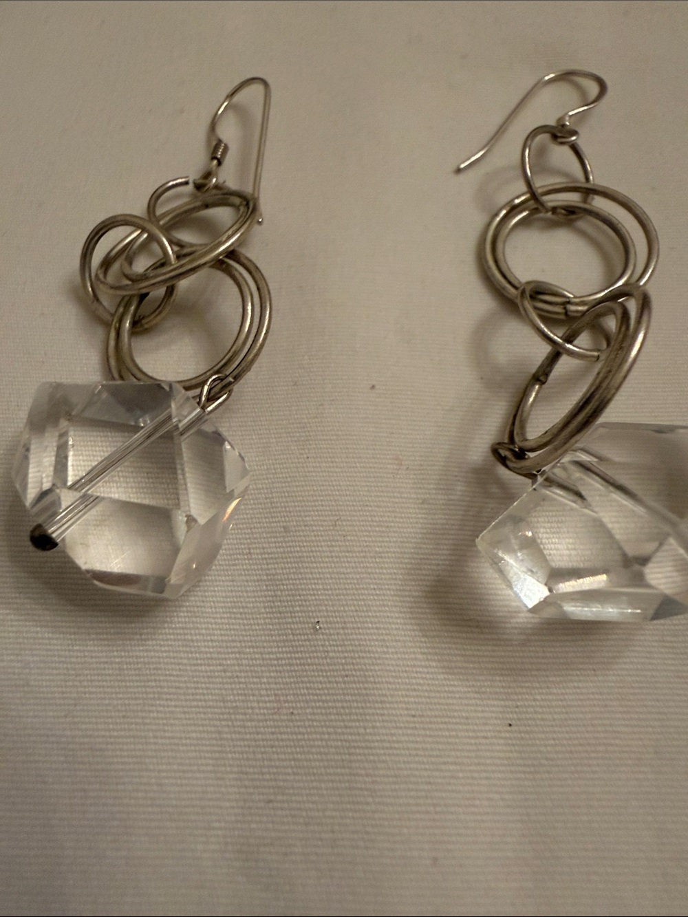 Handmade Silver Hoop Link Drop Earrings with Clear Crystal Stone - Picture 2 of 2